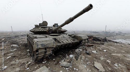 Tank in a War Zone: A solitary tank stands amidst a desolate landscape, a stark reminder of the devastating impact of conflict. The tank's imposing presence evokes a sense of power, destruction. photo