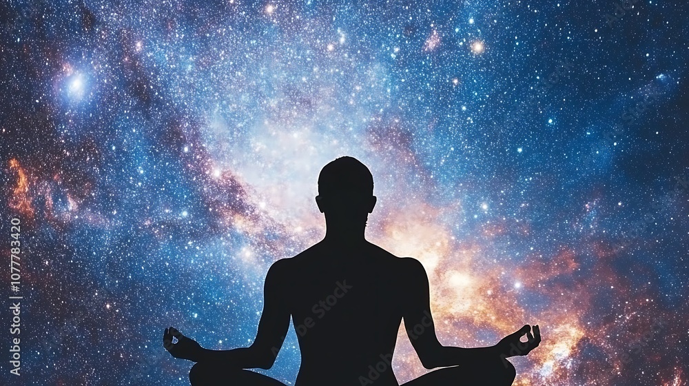 Meditating Figure in Cosmic Space Surrounded by Planets and Stars in a Colorful Galaxy Meditating Figure in Cosmic Space Surrounded by Planets and Stars in a Colorful Galaxy