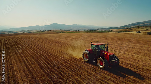 Tractor Plowing Field in Rural Landscape - Photo