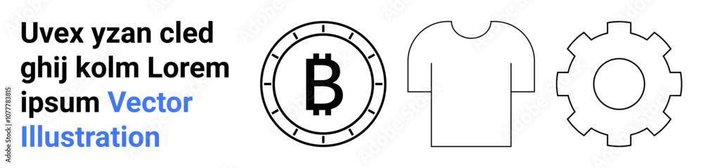 Bitcoin symbol within a coin, basic t-shirt outline, and gearwheel. Ideal for blockchain, digital currency, fashion, textile, industrial mechanics, manufacturing, modern tech. Landing page Bitcoin symbol within a coin, basic t-shirt outline, and gearwheel. Ideal for blockchain, digital currency, fashion, textile, industrial mechanics, manufacturing, modern tech. Landing page