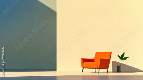 Retro Lounge Chair in Orange Fabric with Rustic Farmhouse Interior Design in Modern Living Room