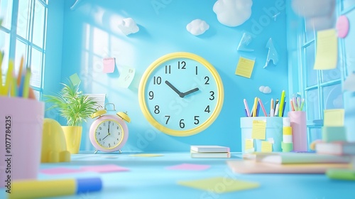 Vibrant Educational Supplies Surround Empty Central Space on Light Blue Background of Clock Sticky Notes Markers and Other Office Tools Arranged Creatively