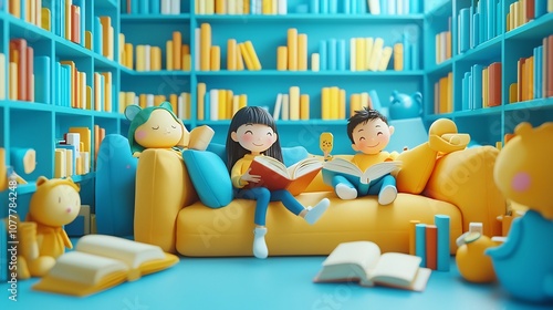 Whimsical 3D animation depicting students animatedly discussing their favorite books in a colorful imaginative library setting photo