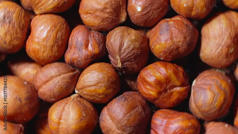 Scattered Peeled Hazelnuts - Top View, Rotating. Turning Hazelnut Background. Natural High-Calorie Snacks - Rotation Scattered Peeled Hazelnuts - Top View, Rotating. Turning Hazelnut Background. Natural High-Calorie Snacks - Rotation