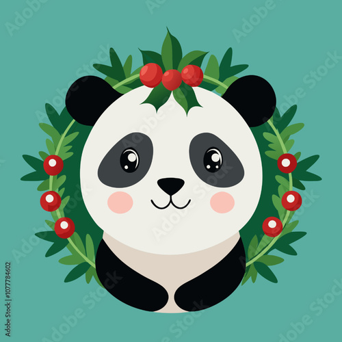 Cute Panda Christmas Wreath: A delightful illustration of a panda bear wearing a festive holly wreath, perfect for holiday greetings and seasonal designs.  