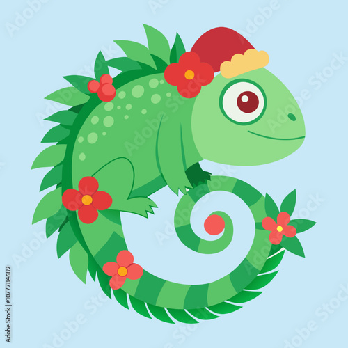 Merry Christmas, Iguana! A cheerful green iguana wearing a Santa hat, surrounded by lush foliage and vibrant flowers, perfect for holiday greetings and festive celebrations. 