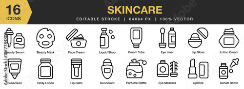Skin Care icon set. Editable Stroke Icon Collection. Includes sunscreen, serum bottle, lotion cream, liquid soap, lip gloss, and More. Outline icons vector collection.