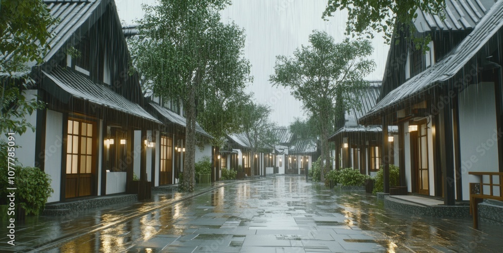 Rain-soaked Pathway in Traditional Japanese Village, Cultural Heritage and Architecture, Rainy Day Rain-soaked Pathway in Traditional Japanese Village, Cultural Heritage and Architecture, Rainy Day