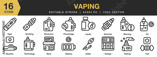 Vaping icon set. Editable Stroke Icon Collection. Includes atomizer, battery, cable, charge, coil, and More. Outline icons vector collection.