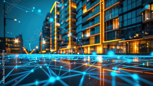 Futuristic Cityscape with a Network of Blue Lines