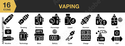 Vaping solid icon set. Includes warning, vape, testing, technology, store, and More. Solid icons vector collection.