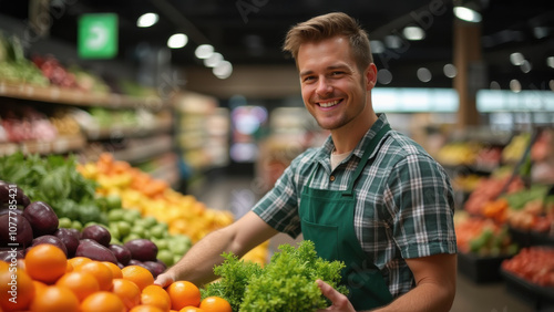 A smiling grocery store clerk working the produce section. Produce manager. He's standing in front of bins filled with fruits and vegetables while holding parsley in his hand.