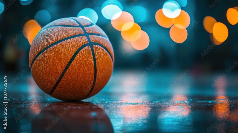 Obraz premium Basketball on a Wet Court with Bokeh Lights