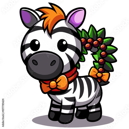 Charming Zebra in Festive Wreath: An adorable cartoon zebra, adorned with a vibrant orange bow tie and a festive coffee berry wreath, stands ready to celebrate.