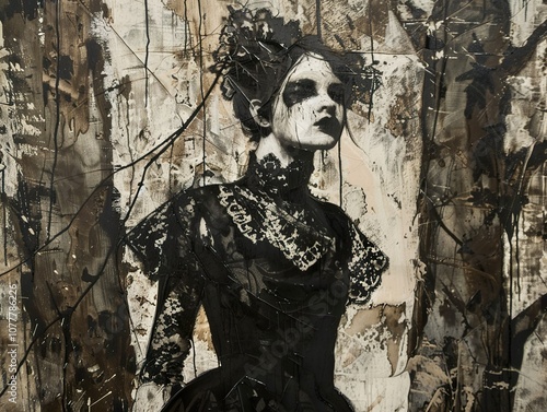 Vászonkép Intense Gaze: A Dramatic Black and White Portrait in Gothic Style