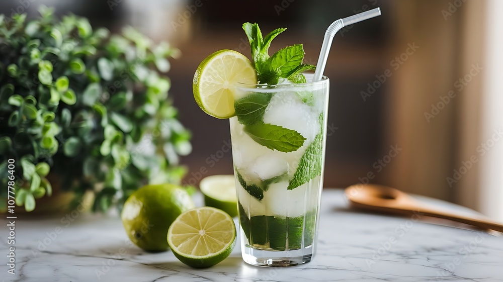 Refreshing mojito cocktail with fresh lime, mint leaves, ice cubes, and straw in tall glass on marble surface Refreshing mojito cocktail with fresh lime, mint leaves, ice cubes, and straw in tall glass on marble surface