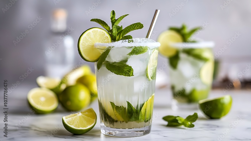 Refreshing mojito cocktail with fresh lime, mint leaves, ice cubes, and straw in tall glass on marble surface Refreshing mojito cocktail with fresh lime, mint leaves, ice cubes, and straw in tall glass on marble surface