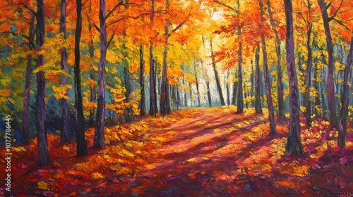 Oil Painting of a Path Through an Autumn Forest