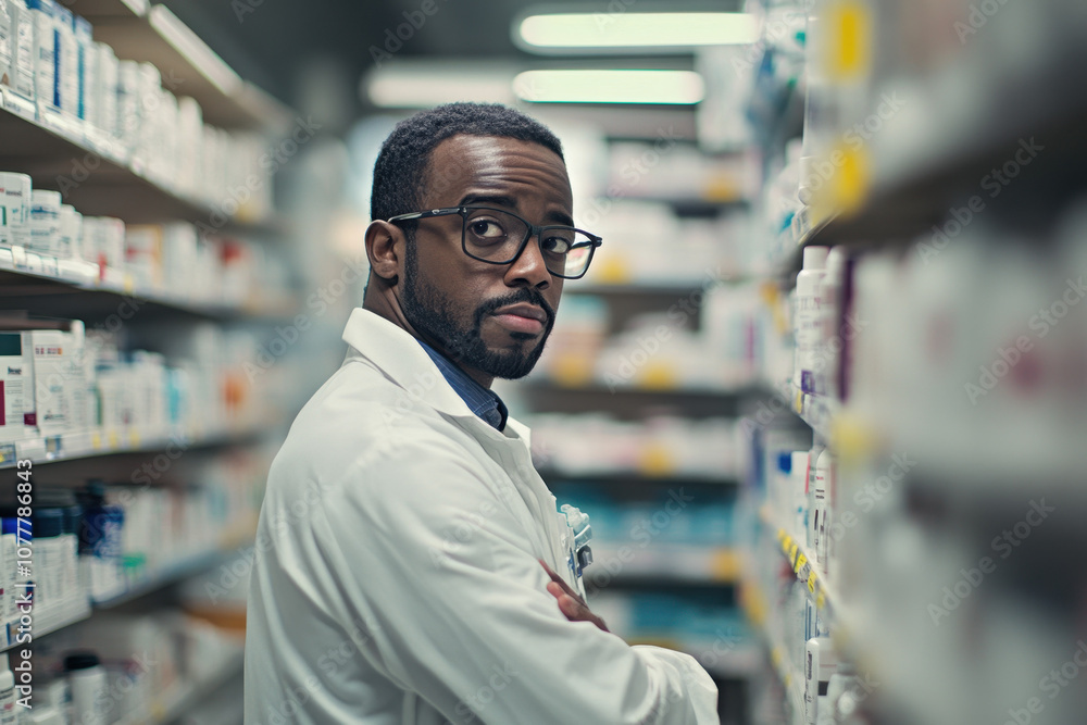 African American male pharmacist standing confidently in a pharmacy aisle, wearing glasses and a lab coat, surrounded by medicine shelves. African American male pharmacist standing confidently in a pharmacy aisle, wearing glasses and a lab coat, surrounded by medicine shelves.