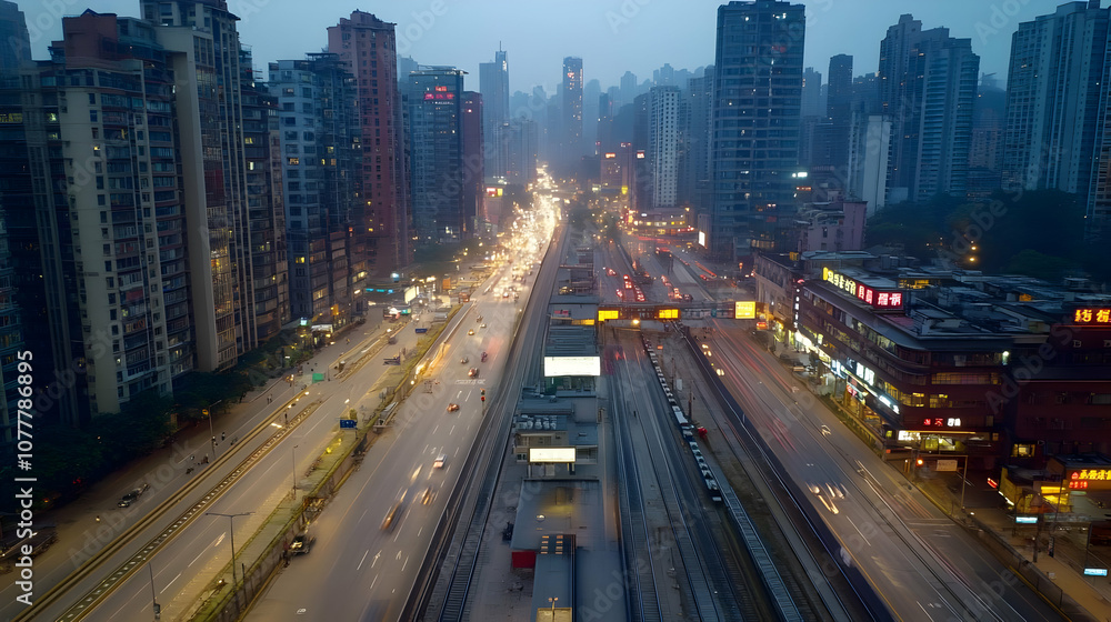Fototapeta premium Cityscape with Train Tracks and Traffic at Dusk - Photo