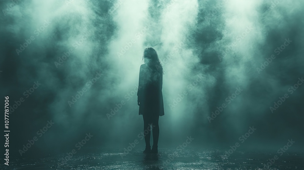A solitary figure stands in a foggy, ethereal atmosphere. A solitary figure stands in a foggy, ethereal atmosphere.