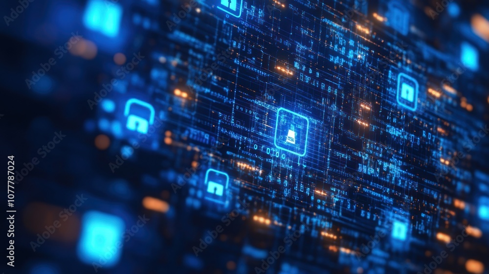 Abstract Digital Security Network with Blue and Orange Highlights Abstract Digital Security Network with Blue and Orange Highlights