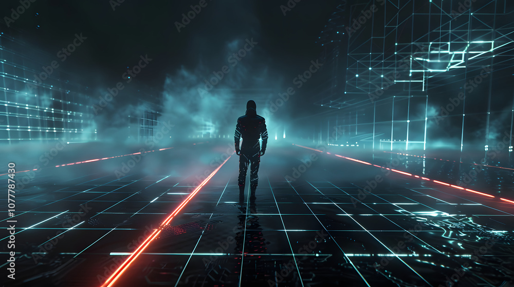 A man is walking down a long, empty hallway with red and blue lines on the floor. A man is walking down a long, empty hallway with red and blue lines on the floor.