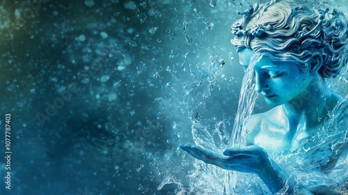 A serene statue of a water goddess, surrounded by splashes and droplets, evokes tranquility. Aquarius Day Background