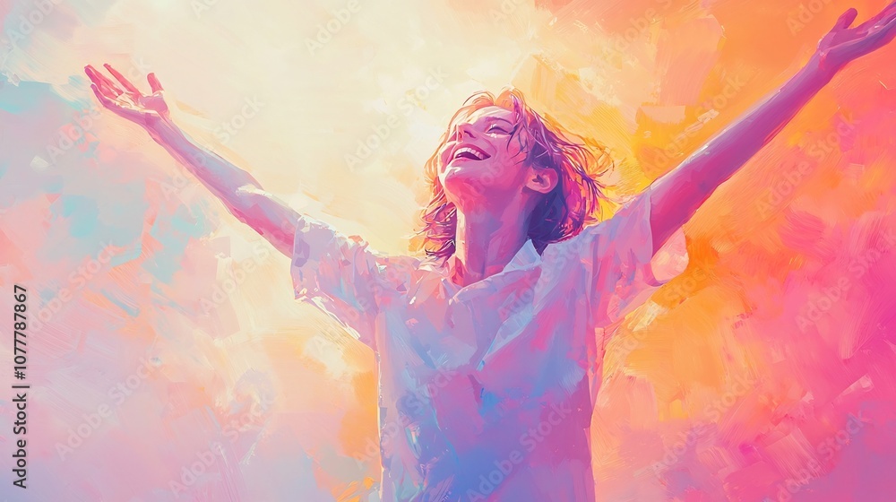 Cheerful person standing proudly with arms raised in a victorious pose expressing excitement and happiness against a soft pastel background Cheerful person standing proudly with arms raised in a victorious pose expressing excitement and happiness against a soft pastel background