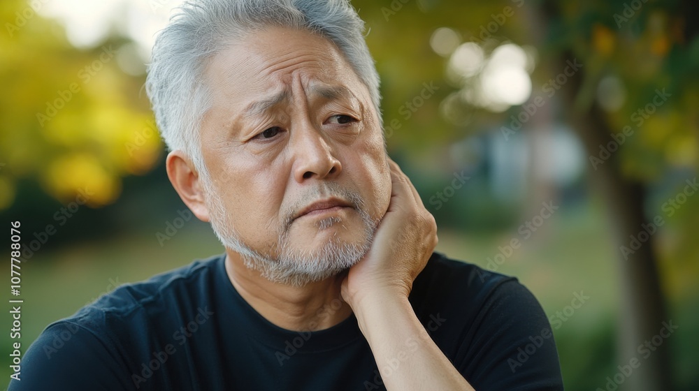 静かな日本庭園で首を押さえて不快感を覚える中年の男性 静かな日本庭園で首を押さえて不快感を覚える中年の男性