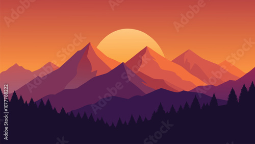  breathtaking sunrise illuminates the mountains, casting warm hues across the landscape flat vector illustration