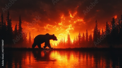 A bear silhouetted against a vibrant sunset over a tranquil lake.