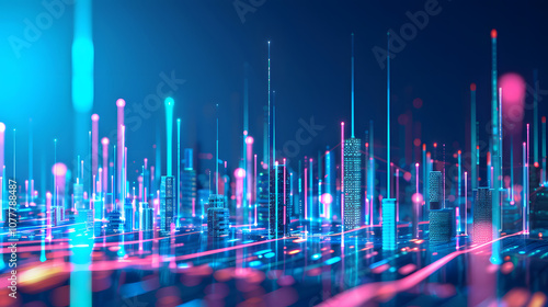 A cityscape with buildings and lights in the background.