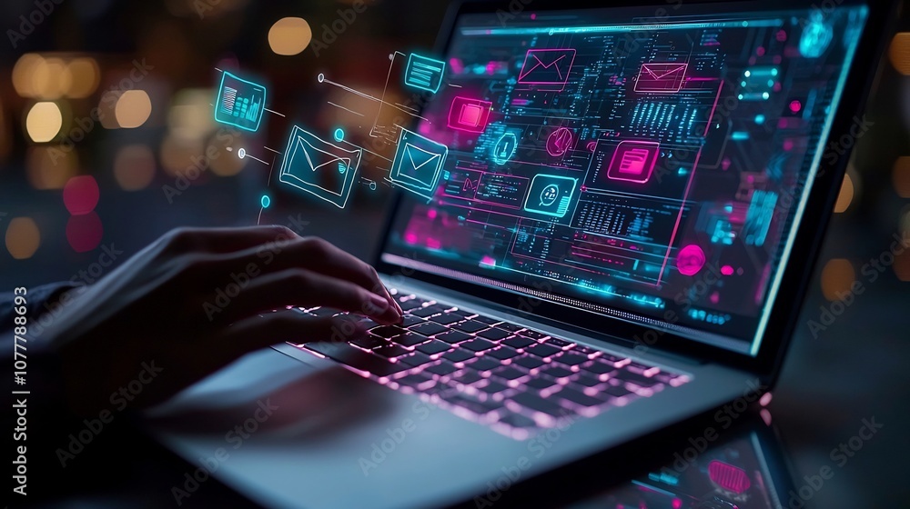 Close up view of a person s hands typing on a laptop computer with digital icons representing communication and data exchange hovering around the laptop screen