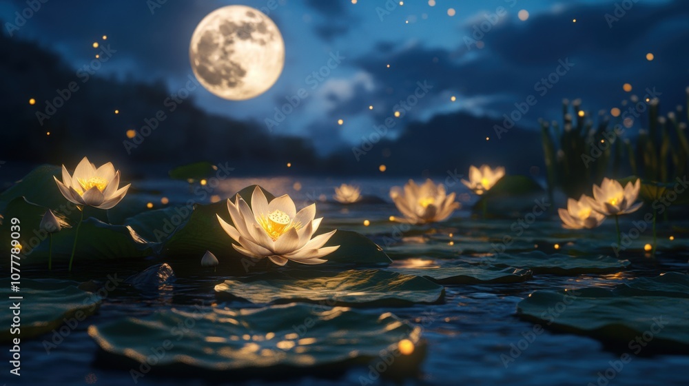 Moonlit Lotus River: A Dramatic 8K Realism Moonlit Lotus River: A Dramatic 8K Realism