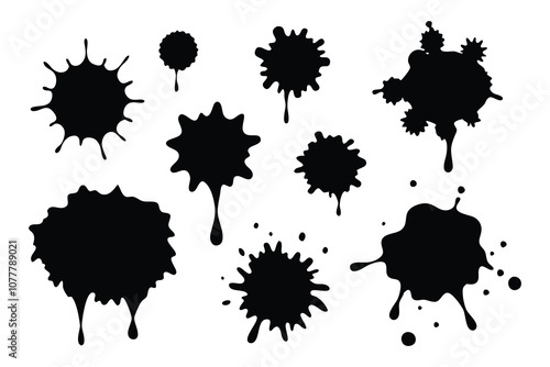  ink spatters in black isolated flat vector illustration wihte background.