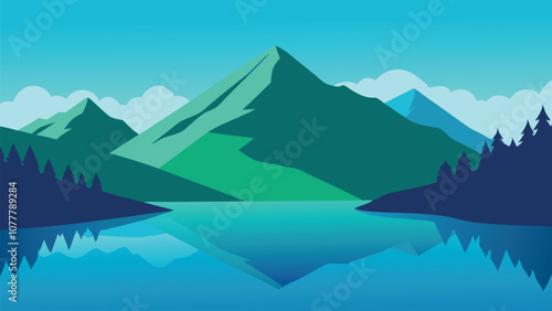  lake with green water, encircled by majestic mountains under a clear blue sky flat vector illustration