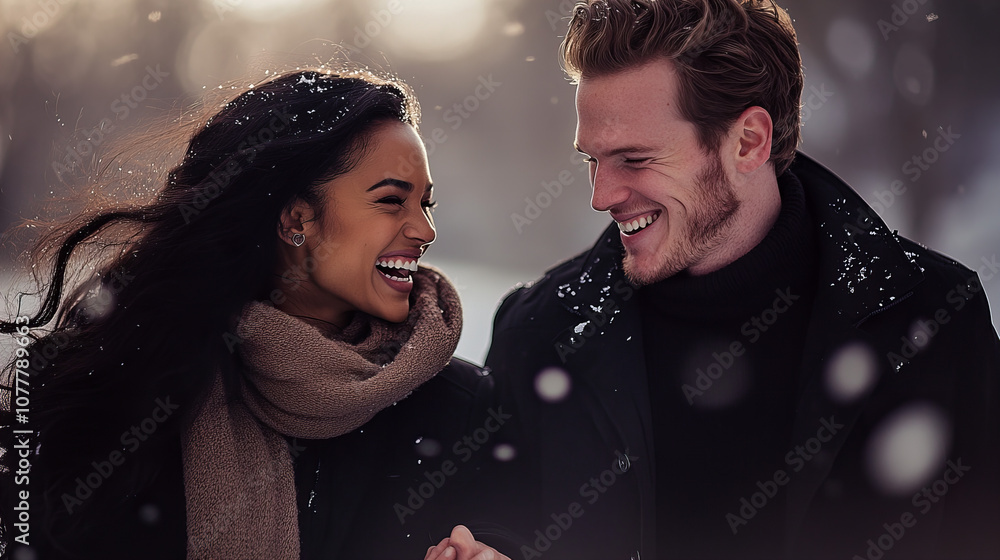 Happy couple enjoying a snowy day while walking hand in hand through a winter landscape with falling snowflakes Happy couple enjoying a snowy day while walking hand in hand through a winter landscape with falling snowflakes