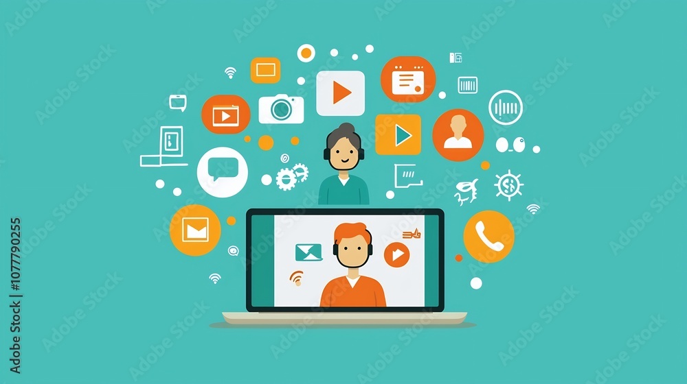 Two people engaged in a video conference call on a laptop with visible icons representing communication tools like text video and data sharing Two people engaged in a video conference call on a laptop with visible icons representing communication tools like text video and data sharing