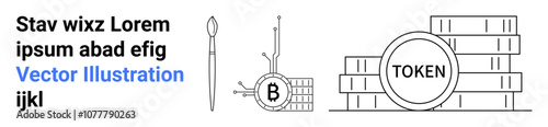 Bitcoin symbol with microchip and digital circuitry, brush, and stacks of token coins. Ideal for cryptocurrency, blockchain education, fintech blogs, tech presentations, digital art, economic