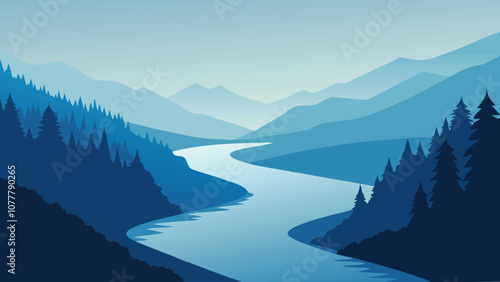 River shrouded in fog, bordered by lush trees along the tranquil shoreline flat vector illustration.