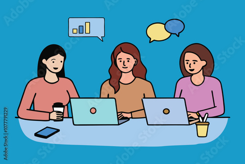 Three businesswomen collaborating at a table, each focused on their laptops, engaged in a productive discussion flat vector illustration