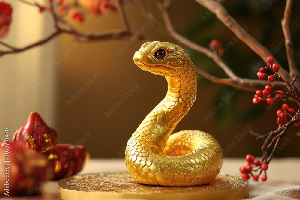 Fototapeta premium Golden Snake Figurine on a Circular Base with Red Berries in the Background