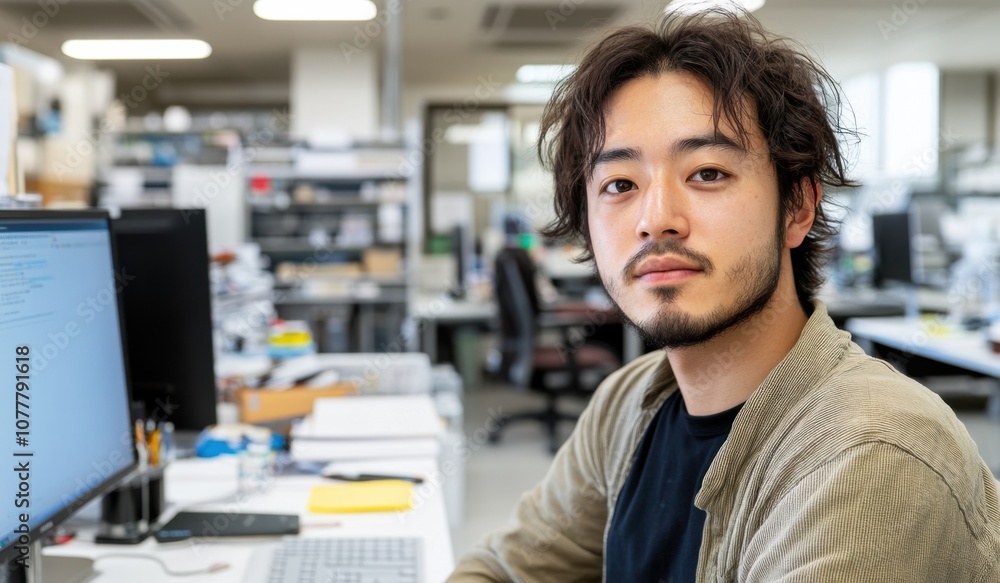 明るく自然なワークスペースでコンピューターで勉強に集中する日本人男性 明るく自然なワークスペースでコンピューターで勉強に集中する日本人男性