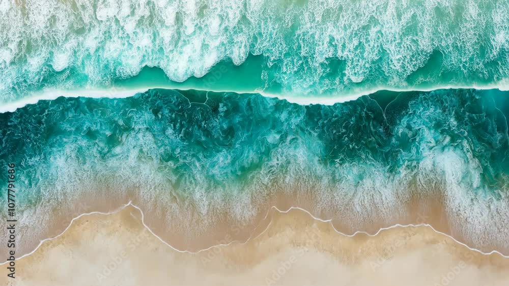 An aerial view of turquoise ocean waves crashing on a sandy beach An aerial view of turquoise ocean waves crashing on a sandy beach