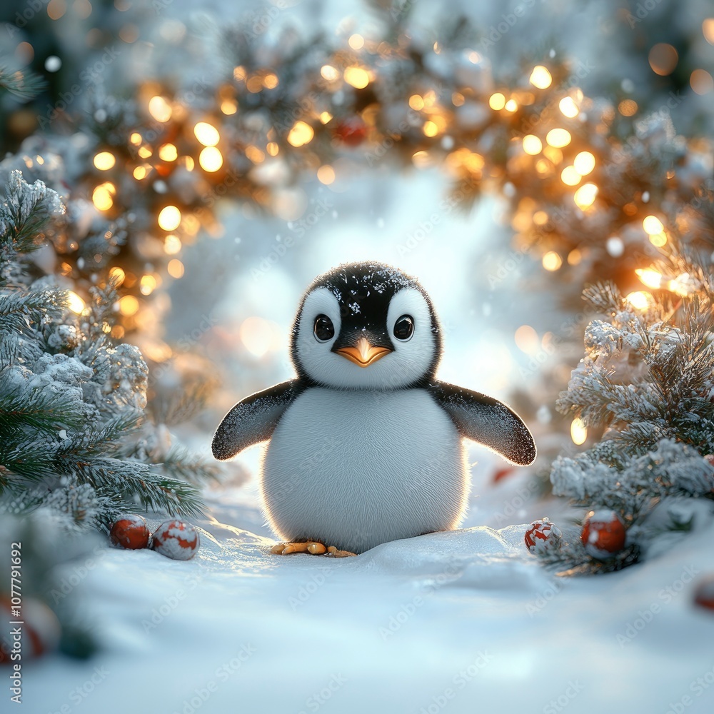 Cute Penguin in a Winter Wonderland with Christmas Lights Cute Penguin in a Winter Wonderland with Christmas Lights