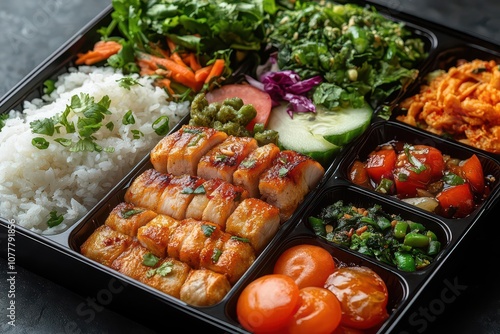 artfully arranged modern thai food lunch boxes with vibrant colors and textures showcasing fresh ingredients and exquisite presentation evoking a sense of culinary delight and cultural richness