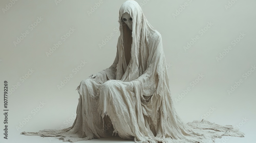 A ghostly figure draped in tattered fabric, evoking a haunting presence. A ghostly figure draped in tattered fabric, evoking a haunting presence.