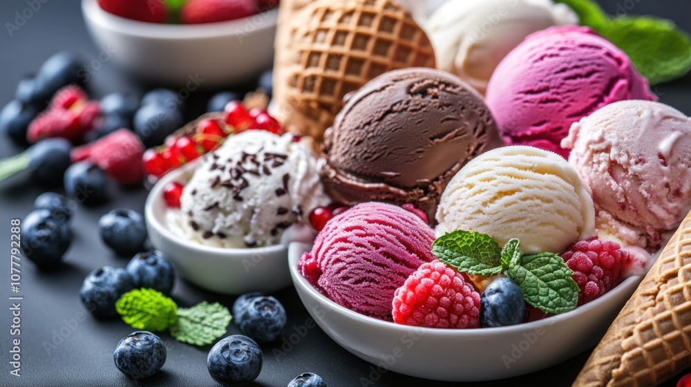 Assorted Ice Cream Scoops with Fresh Berries Assorted Ice Cream Scoops with Fresh Berries