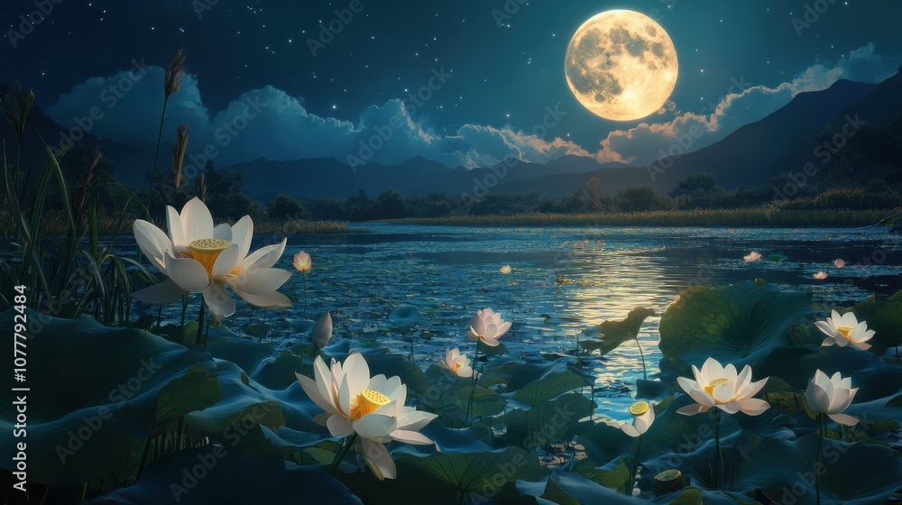 Moonlit Lotus River: A Dramatic 8K Realism Moonlit Lotus River: A Dramatic 8K Realism